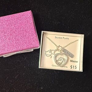Silver Heart Necklace with Cat Charm
